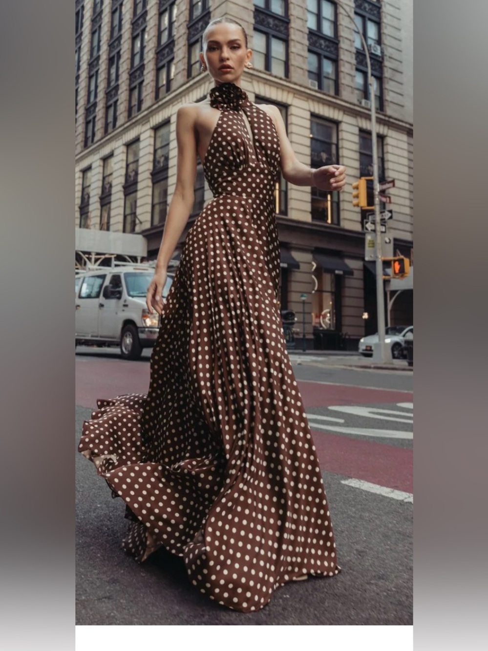 Women's Mac Duggal Polka Dot Halter Maxi Dress Brown White Size 10